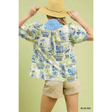 NEW Abstract Print V-Neck Top : CORAL MIX / L