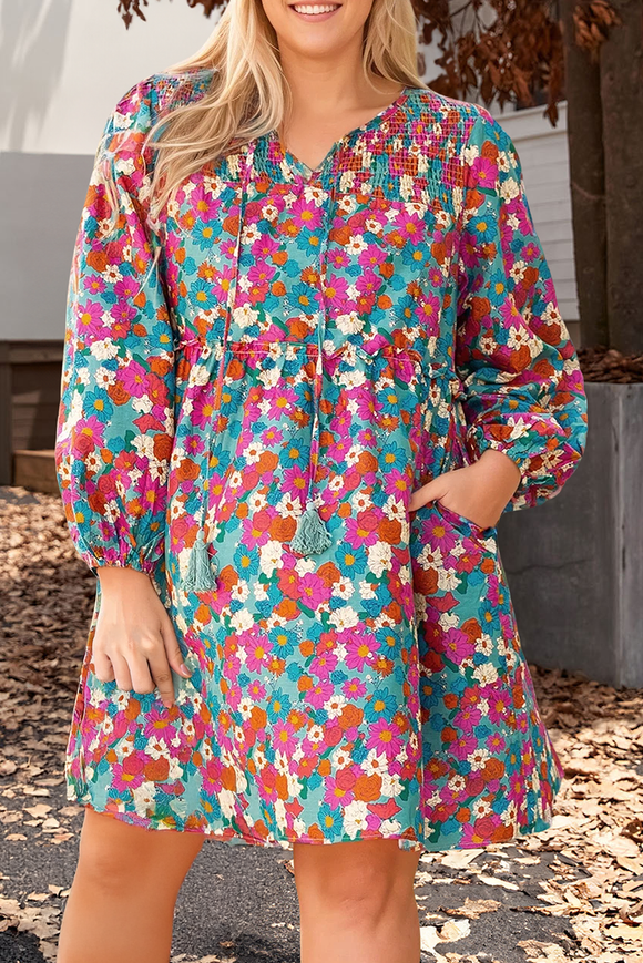 Plus Size Floral Print Shirred Ruffle Tiered Mini Dress: Multi-Colored / Plus Size / 2X