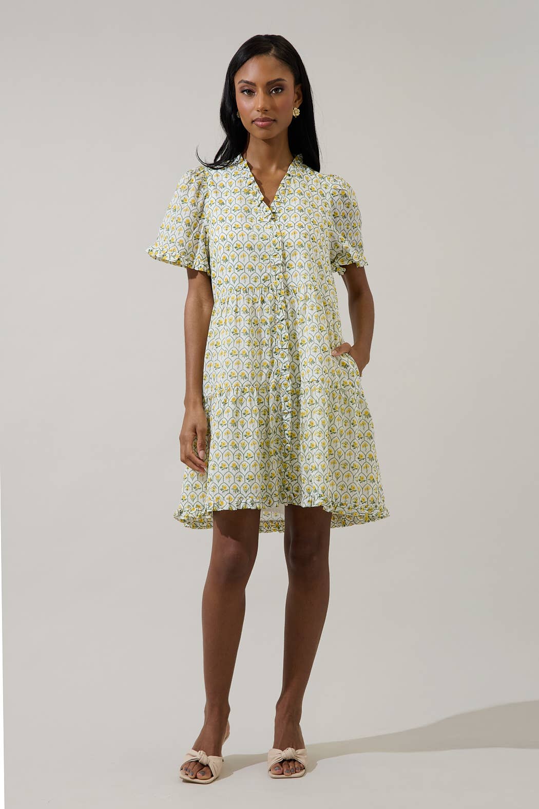Trinny Floral Kara Shift Mini Dress White-Yellow
