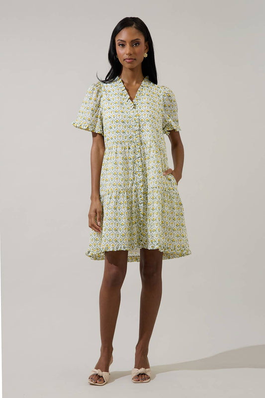 Trinny Floral Kara Shift Mini Dress White-Yellow