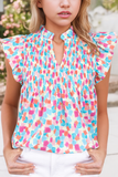 Abstract Printed Shirred Ruffled V Neck Blouse (S-XL): Blue / Missy / S