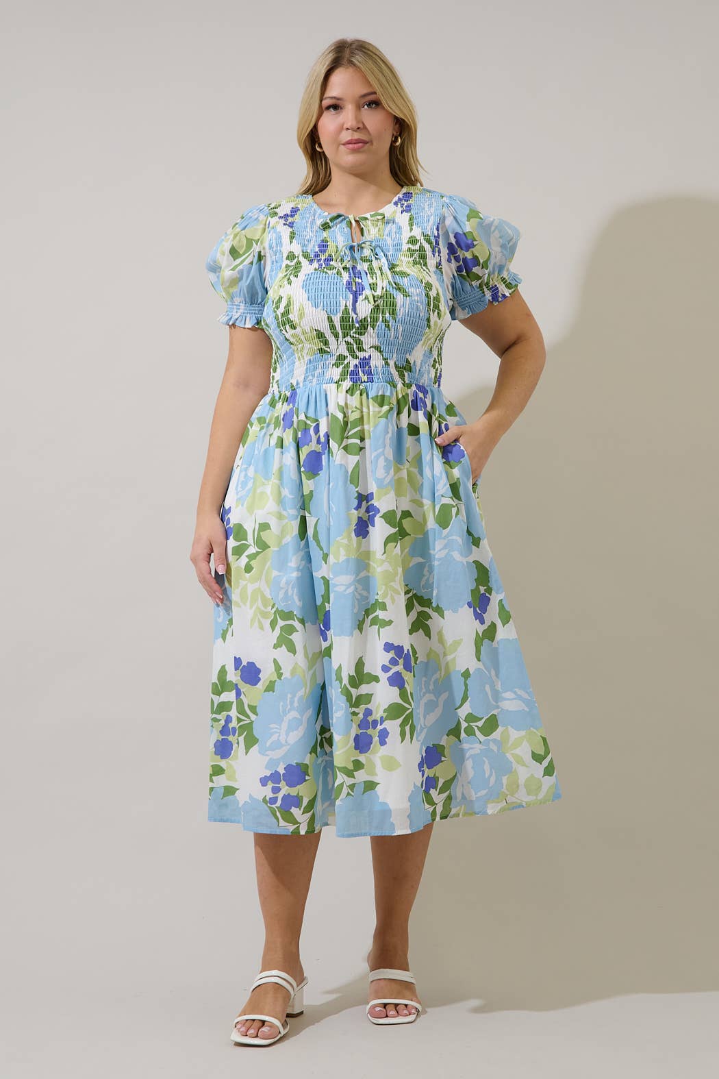 Tamry Smocked Midi Dress Khloey Floral Curve PLUS Blue Floral