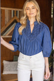 35871 Diamond Textured Yoke Quarter Puff Sleeve Top: Denim Blue / L