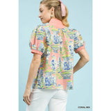 NEW Abstract Print V-Neck Top : BLUE MIX / L
