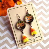 Retro Jack O Lantern with Bat Halloween Candy Corn Earrings