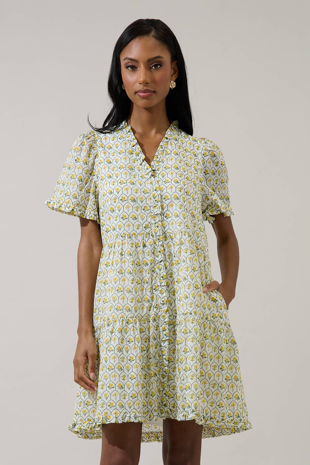 Trinny Floral Kara Shift Mini Dress White-Yellow