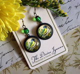 Green Jay Vintage Inspired Glass Cabochon Earrings