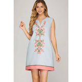 EMBROIDERED MINI DRESS: LT. BLUE / S