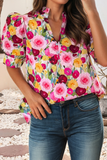 Spring Floral Frilled V Neck Puff Short Sleeve Blouse|S-4X: Pink / Plus-1X