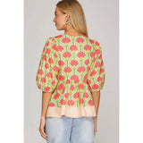 WOVEN PRINT TOP: PINK / M