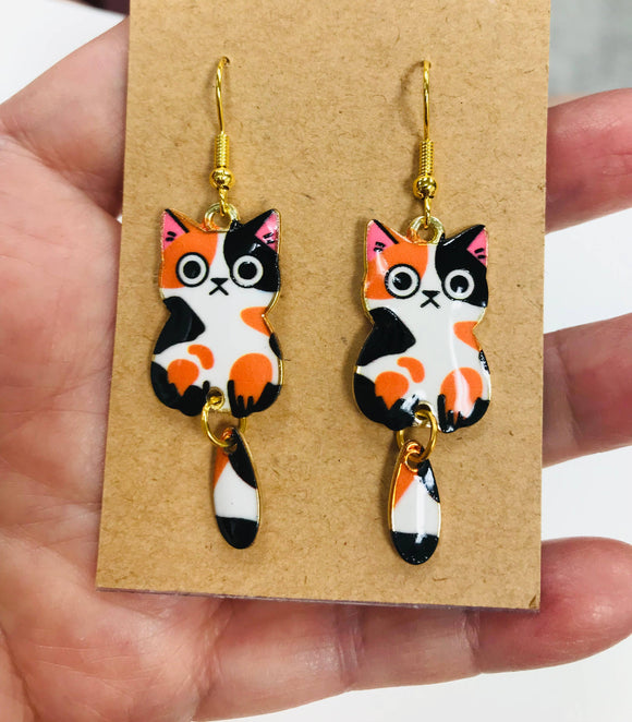 Calico Cat Wagging Tail Earrings : Calico Cat