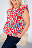 Plus Size Floral Print Ruffle Trim Split Neck Peplum Top: Red / Plus Size / 2X