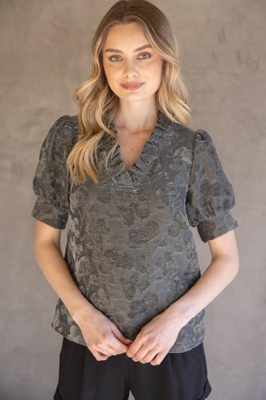 35767 Ruffled V-Neckline Floral Textured Velvet Top: Charcoal / M