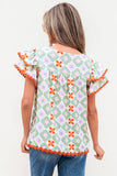 Geometric Floral Print Layered Ric Rac Trim Blouse | S-XL: As shown / Missy / XL