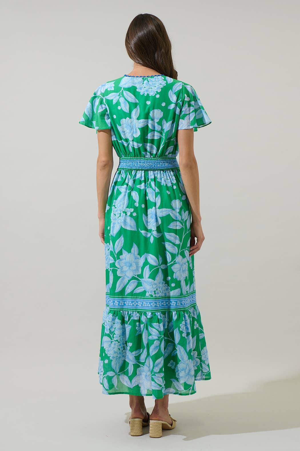 Verbena Floral Ingrida Surplice Maxi Dress: Kelly Green and Blue