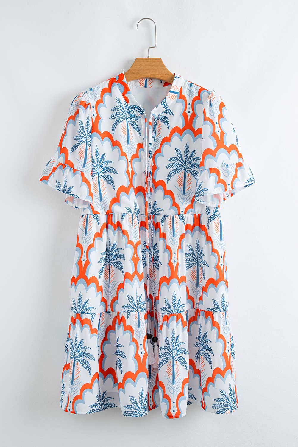 Contrast Palm Tree Printed Short Sleeve Flowy Dress