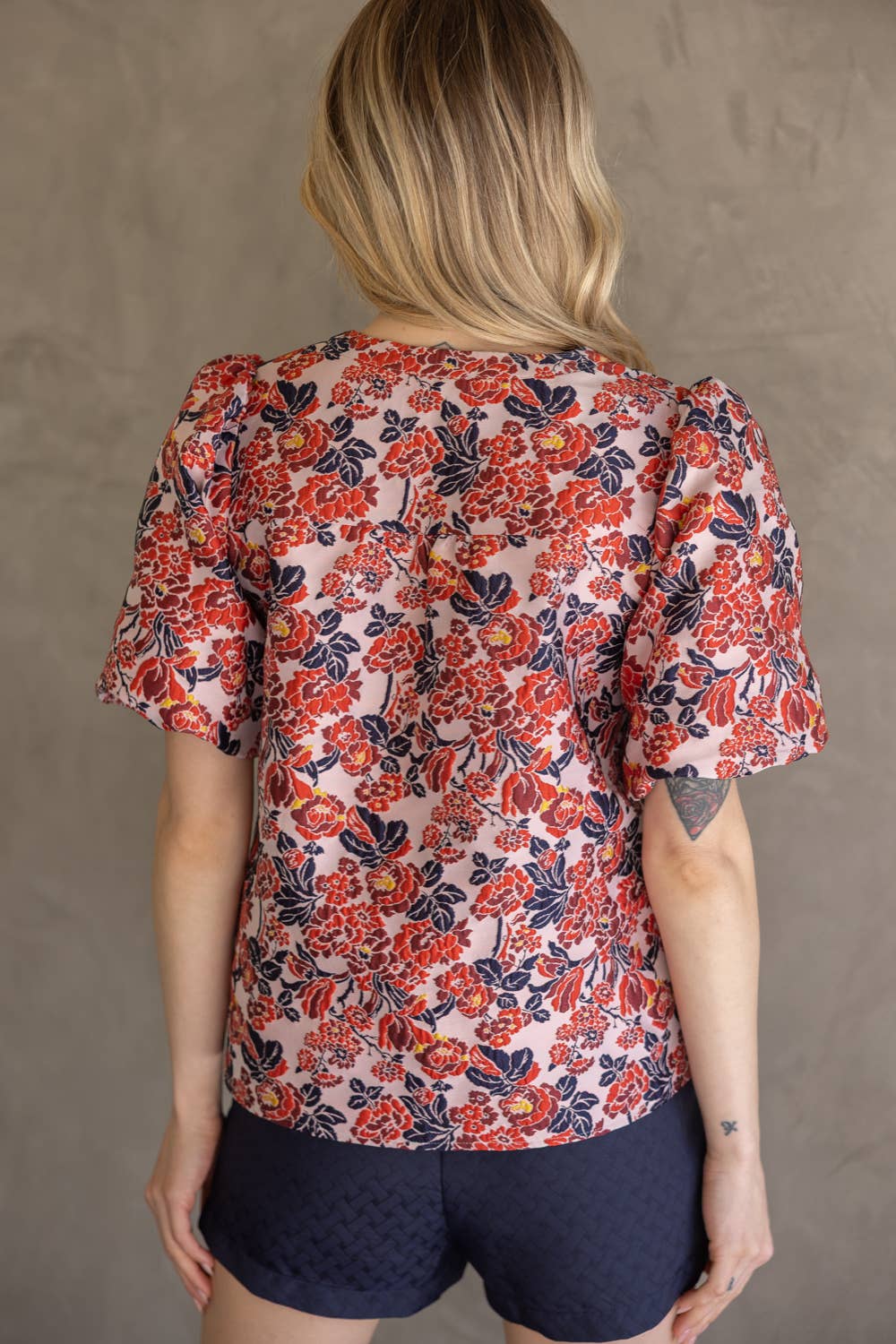 35776 Multi Color Floral Jaquard Top: Red / L