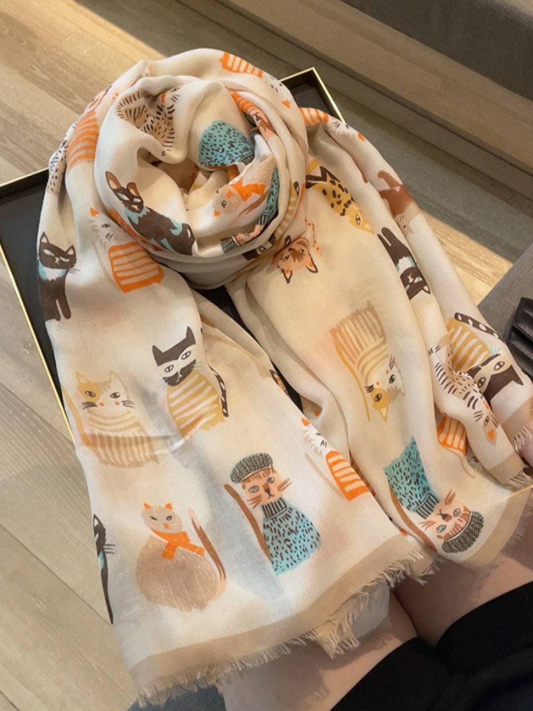 Scarvii - Playful Cat Print Scarf: Red