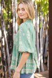 35222 Peplum Boarder Print Cover Button Top: Green / L