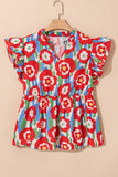Plus Size Floral Print Ruffle Trim Split Neck Peplum Top: Red / Plus Size / 2X