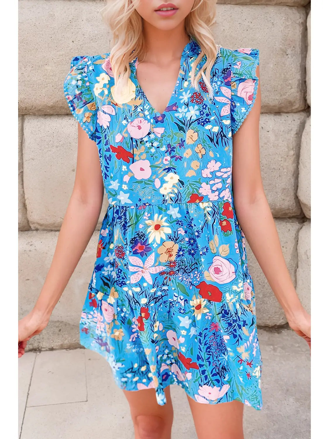 Floral Blue Flutter Sleeve V Neck Ruffle Dress 612009