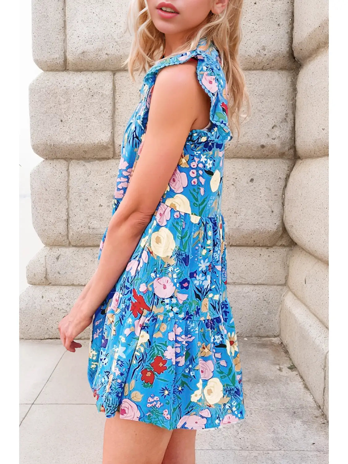 Floral Blue Flutter Sleeve V Neck Ruffle Dress 612009