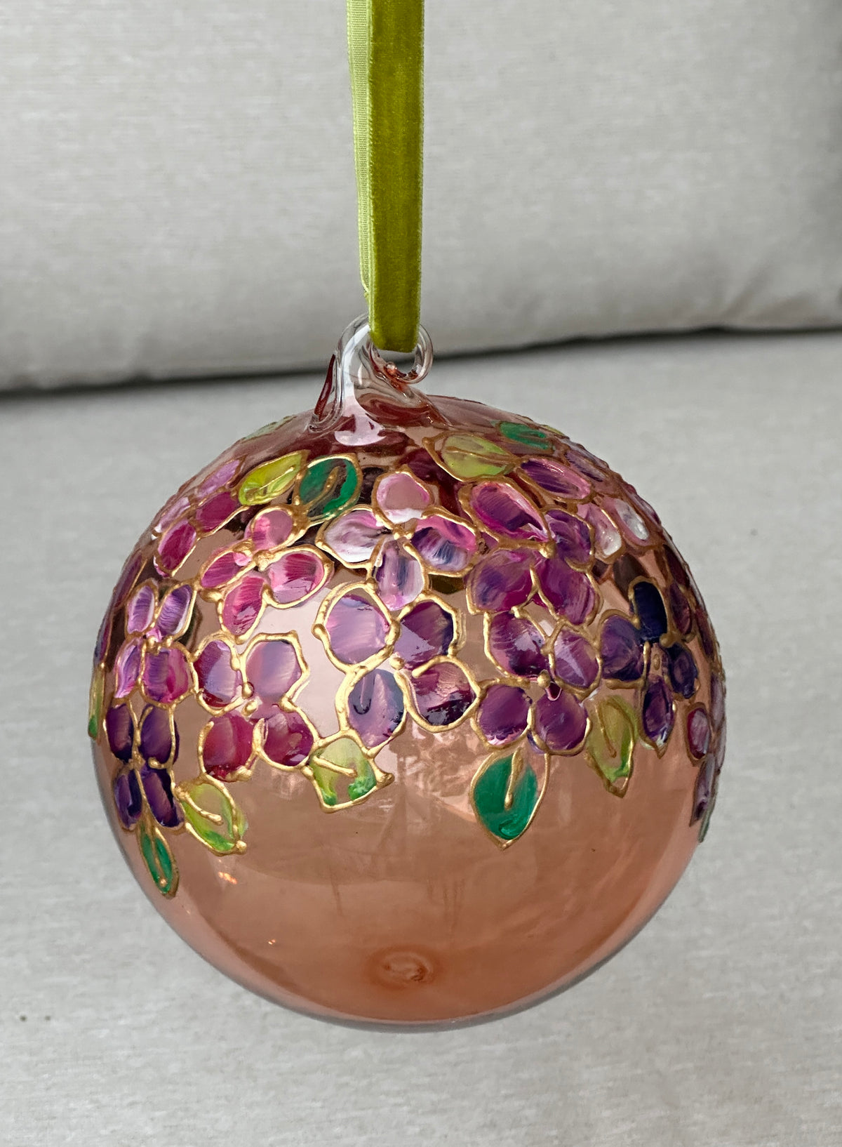Hand Painted Rose Glass Ornament with Pink & Purple Hydrangeas