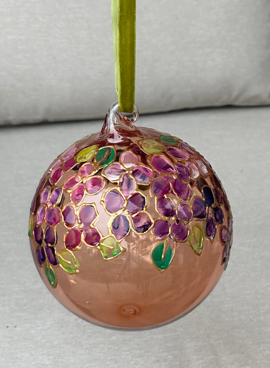 Hand Painted Rose Glass Ornament with Pink & Purple Hydrangeas