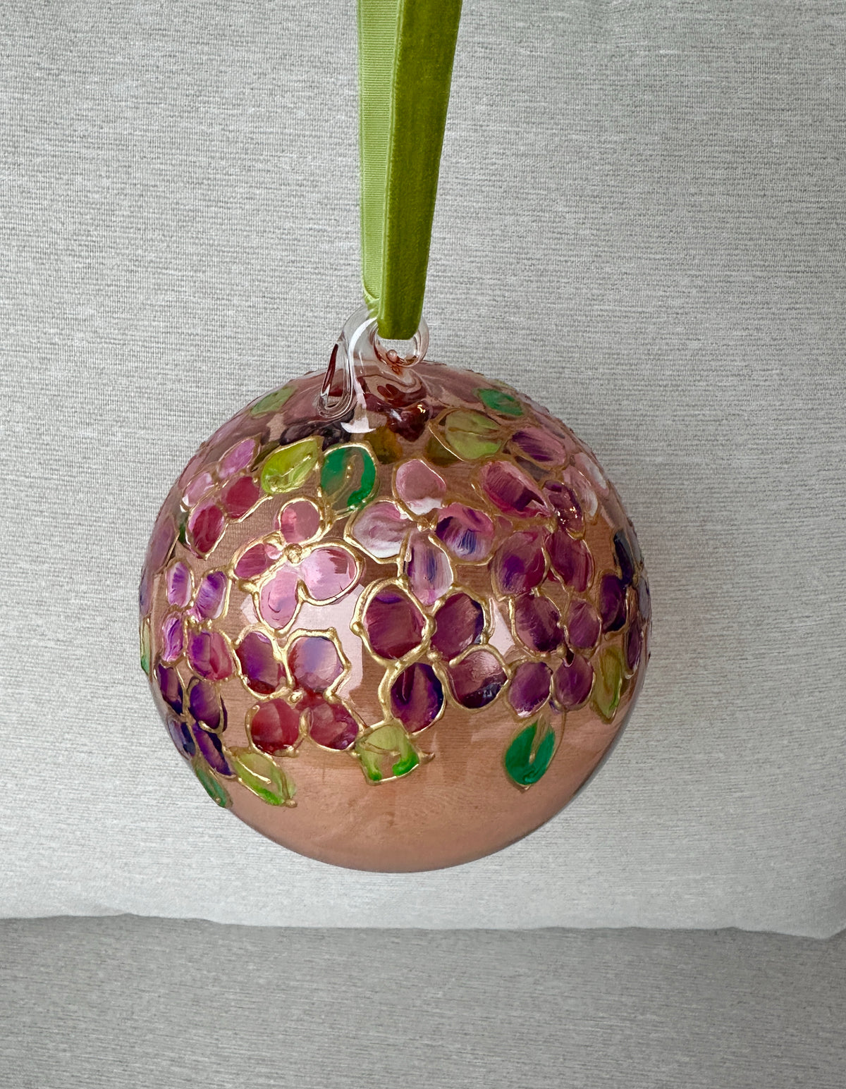 Hand Painted Rose Glass Ornament with Pink & Purple Hydrangeas