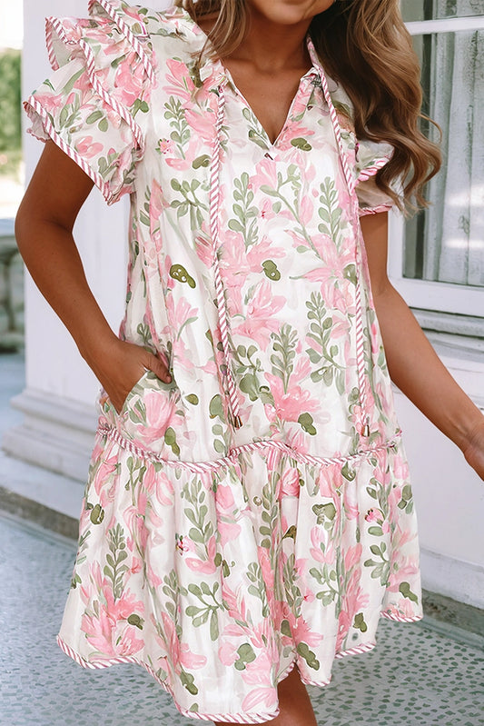 Pink Floral Contrast Edge Layered Short Sleeve Mini Dress 124822