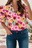 Spring Floral Frilled V Neck Puff Short Sleeve Blouse|S-4X: Pink / L