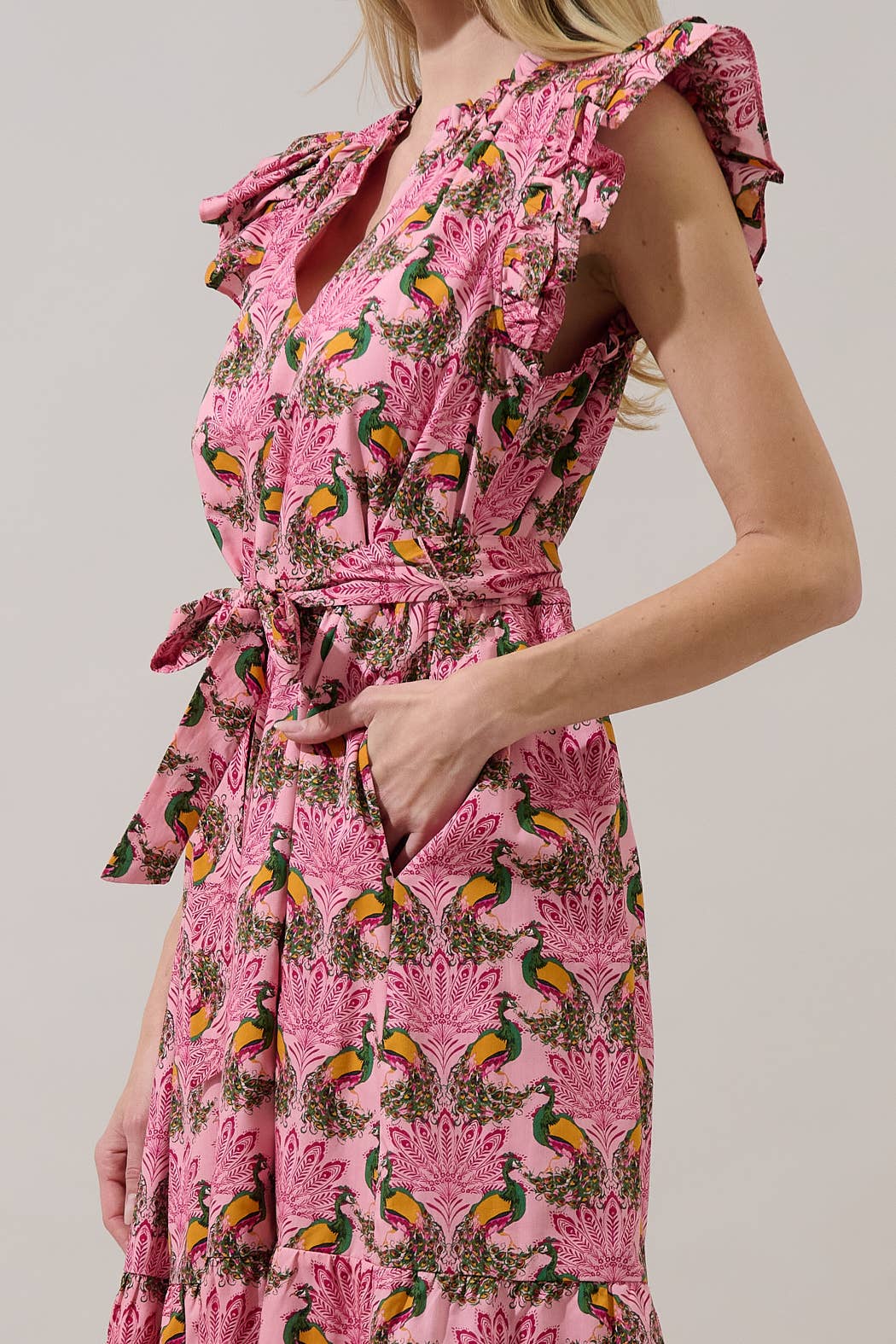 Sita Ruffle Midi Dress Peacock Bay in PInk/Green