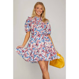 NEW WOVEN FLORAL PRINT MINI DRESS: BLUE / GREEN / S