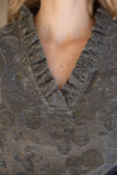 35767 Ruffled V-Neckline Floral Textured Velvet Top: Charcoal / M