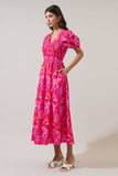 Prissa Ikat Brenty Smocked Midi Dress: MAGENTA-CORAL / S
