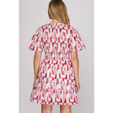 WOVEN PRINT MINI DRESS: PINK / M
