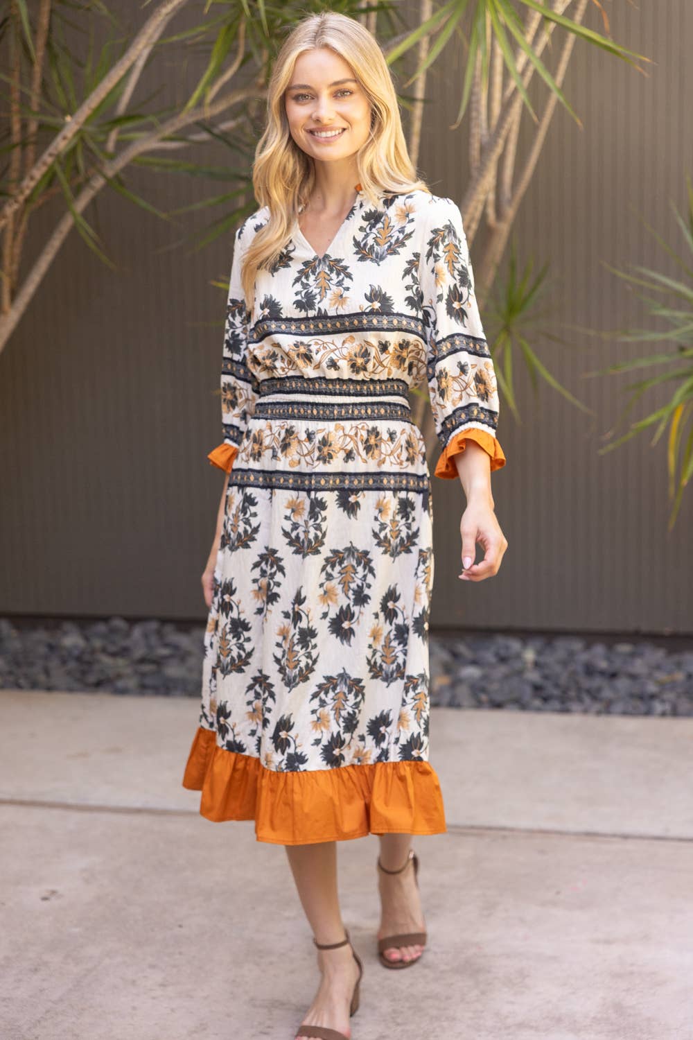 35864 Contrast Ruffled Cuff and Hem Floral Boarder Midi Dres: Cream / M