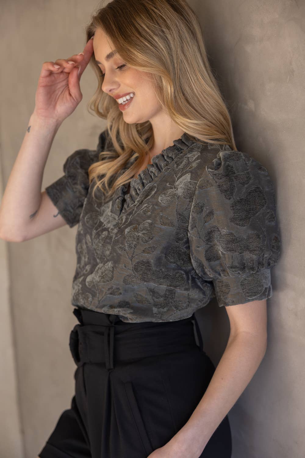 35767 Ruffled V-Neckline Floral Textured Velvet Top: Charcoal / S