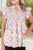 Abstract Printed Shirred Ruffled V Neck Blouse (S-XL): Blue / Missy / XL