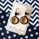 Crazy Cat Retro Halloween Glass Cabochon Earrings