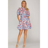 NEW WOVEN FLORAL PRINT MINI DRESS: BLUE / GREEN / M