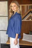 35871 Diamond Textured Yoke Quarter Puff Sleeve Top: Denim Blue / L