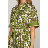 WOVEN PRINT MINI DRESS : GREEN / L