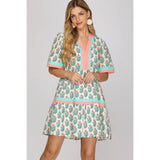 WOVEN PRINT MINI DRESS: PINK / S