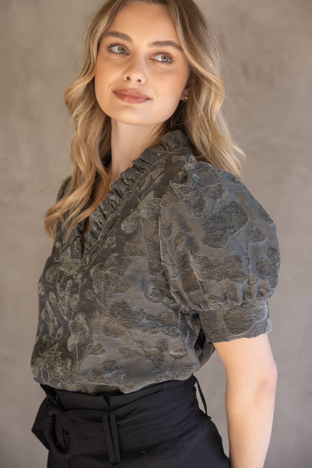 35767 Ruffled V-Neckline Floral Textured Velvet Top: Charcoal / S