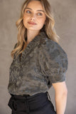 35767 Ruffled V-Neckline Floral Textured Velvet Top: Charcoal / S
