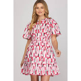 WOVEN PRINT MINI DRESS: PINK / M