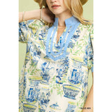 NEW Abstract Print V-Neck Top : BLUE MIX / L