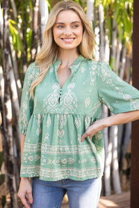 35222 Peplum Boarder Print Cover Button Top: Green / L