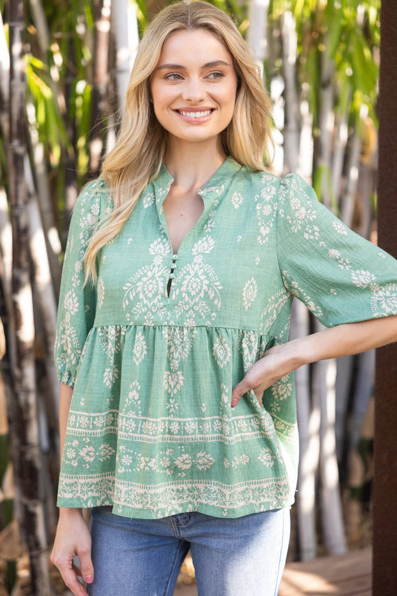 35222 Peplum Boarder Print Cover Button Top: Green / L